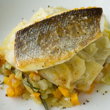 Roasted rosemary sea bass with potato mille-feuilles