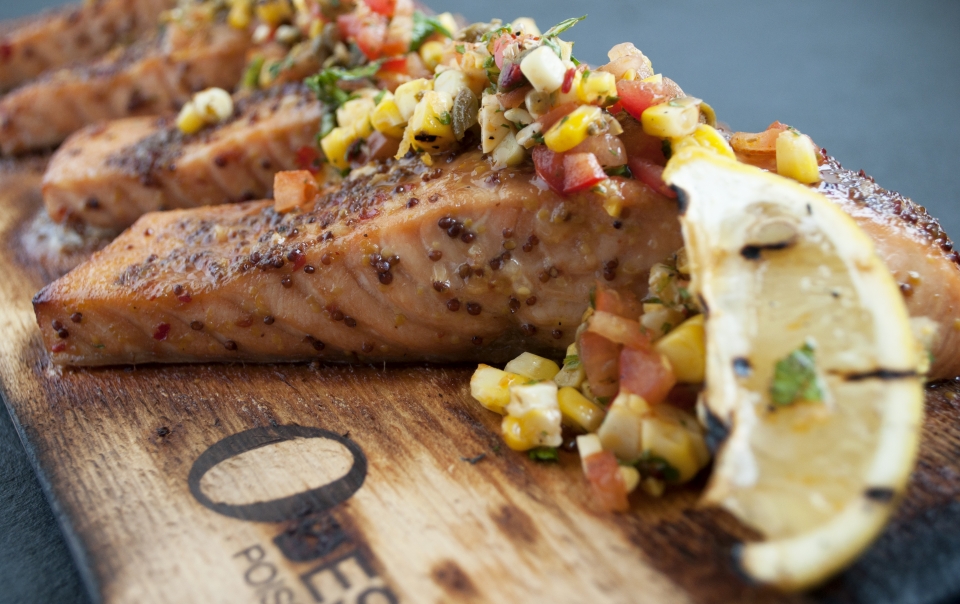 Cedar-planked salmon and grilled corn salsa