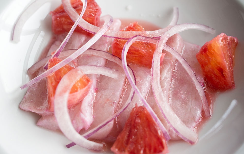 Tilefish ceviche, onions and blood oranges